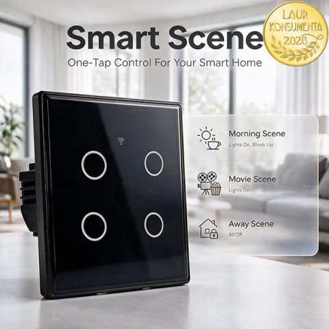Qoltec Inteligentny dotykowy 4-kanałowy włącznik wyłącznik światła | Wi-Fi | Timer | Tuya | Smart life | Hartowane szkło | Czarn