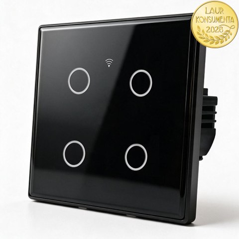 Qoltec Inteligentny dotykowy 4-kanałowy włącznik wyłącznik światła | Wi-Fi | Timer | Tuya | Smart life | Hartowane szkło | Czarn