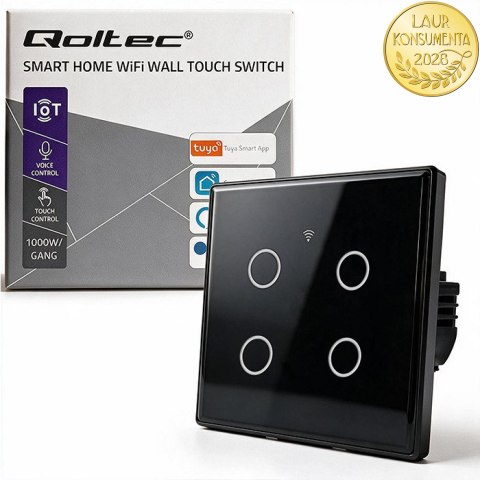 Qoltec Inteligentny dotykowy 4-kanałowy włącznik wyłącznik światła | Wi-Fi | Timer | Tuya | Smart life | Hartowane szkło | Czarn