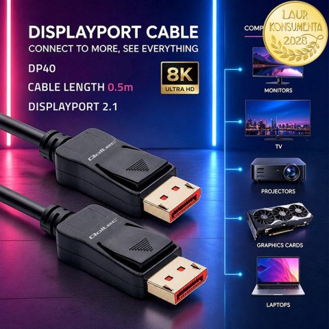 Qoltec Kabel DisplayPort v2.1 męski | DisplayPort v2.1 męski | 8K | 40G | 0.5m