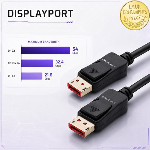 Qoltec Kabel DisplayPort v2.1 męski | DisplayPort v2.1 męski | 8K | 54G | 3m