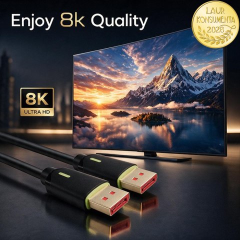 Qoltec Kabel DisplayPort v2.1 męski | DisplayPort v2.1 męski | 8K | 80G | 0.5m