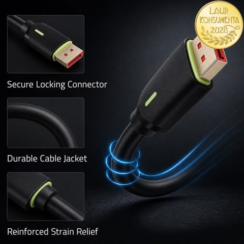 Qoltec Kabel DisplayPort v2.1 męski | DisplayPort v2.1 męski | 8K | 80G | 0.5m