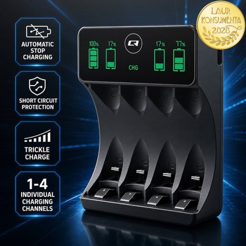 Qoltec Ładowarka do akumulatorków Ni-MH typu R03 AAA R6 AA | LCD | Kabel USB-C | Czarna