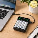 Qoltec Ładowarka do akumulatorków Ni-MH typu R03 AAA R6 AA | LCD | Kabel USB-C | Czarna