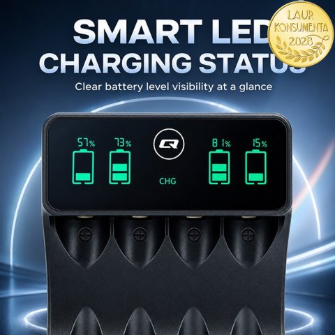 Qoltec Ładowarka do akumulatorków Ni-MH typu R03 AAA R6 AA | LCD | Kabel USB-C | Czarna