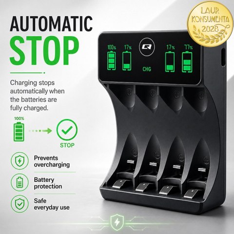 Qoltec Ładowarka do akumulatorków Ni-MH typu R03 AAA R6 AA | LCD | Kabel USB-C | Czarna