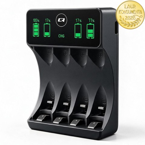 Qoltec Ładowarka do akumulatorków Ni-MH typu R03 AAA R6 AA | LCD | Kabel USB-C | Czarna