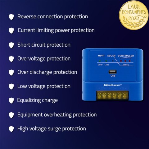 Qoltec Solarny regulator ładowania MPPT 15A do zasilania odbiorników DC i ładowania akumulatorów 12V / 24V | LiFePO4