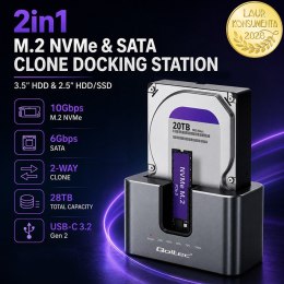 Qoltec Stacja dokująca 2w1 HDD SSD | SATA | M.2 NVMe | Klonowanie | USB-C 3.2 Gen 2 | 10Gb/s | 28TB | Aluminium