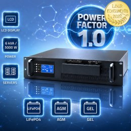 Qoltec Zasilacz awaryjny UPS Pure Sine Wave do RACK | 5kVA | 5000W | PF 1.0 | LCD | EPO | USB | On-line | Kompatybilność z LiFeP
