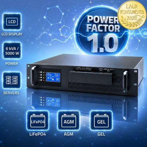 Qoltec Zasilacz awaryjny UPS Pure Sine Wave do RACK | 5kVA | 5000W | PF 1.0 | LCD | EPO | USB | On-line | Kompatybilność z LiFeP