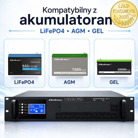 Qoltec Zasilacz awaryjny UPS Pure Sine Wave do RACK | 5kVA | 5000W | PF 1.0 | LCD | EPO | USB | On-line | Kompatybilność z LiFeP