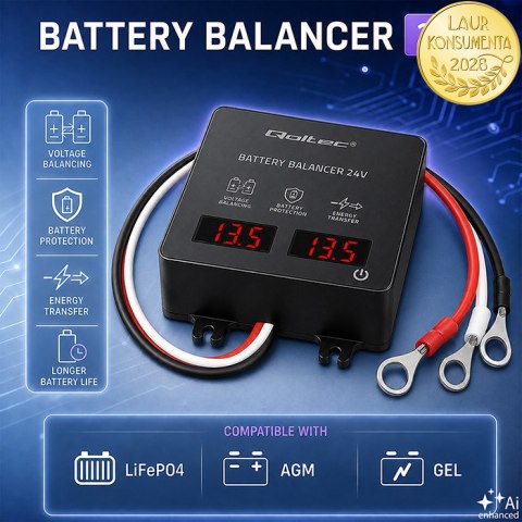 Qoltec Balanser napięcia 24V do akumulatorów 2 x 12V | 5A | AGM GEL LiFePO4 | LED