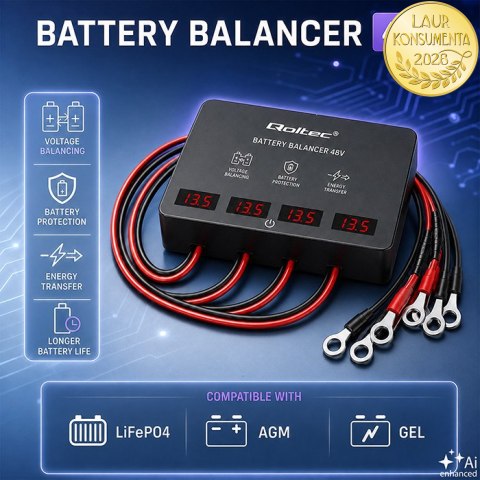 Qoltec Balanser napięcia 48V do akumulatorów 4 x 12V | 10A | AGM GEL LiFePO4 | LED