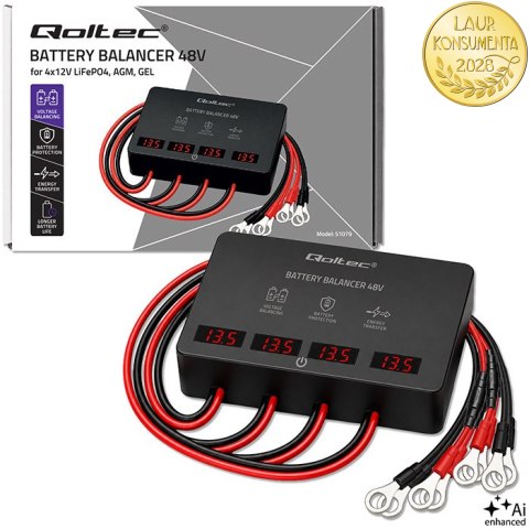 Qoltec Balanser napięcia 48V do akumulatorów 4 x 12V | 10A | AGM GEL LiFePO4 | LED