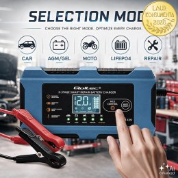 Qoltec Inteligentna ładowarka 12V 10A | Prostownik z funkcją naprawy | MCU | Auto OFF | 9-stopniowe ładowanie | AGM GEL LiFePO4
