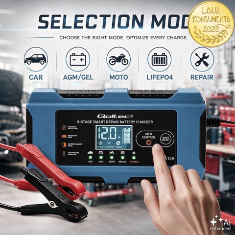 Qoltec Inteligentna ładowarka 12V 10A | Prostownik z funkcją naprawy | MCU | Auto OFF | 9-stopniowe ładowanie | AGM GEL LiFePO4