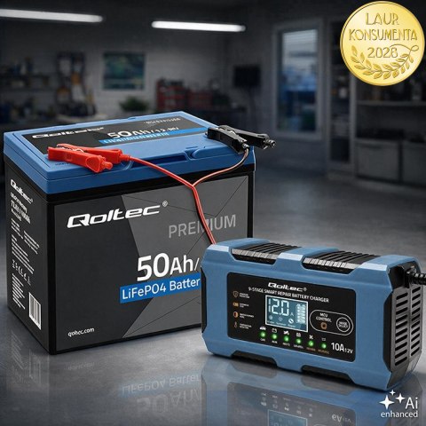 Qoltec Inteligentna ładowarka 12V 10A | Prostownik z funkcją naprawy | MCU | Auto OFF | 9-stopniowe ładowanie | AGM GEL LiFePO4