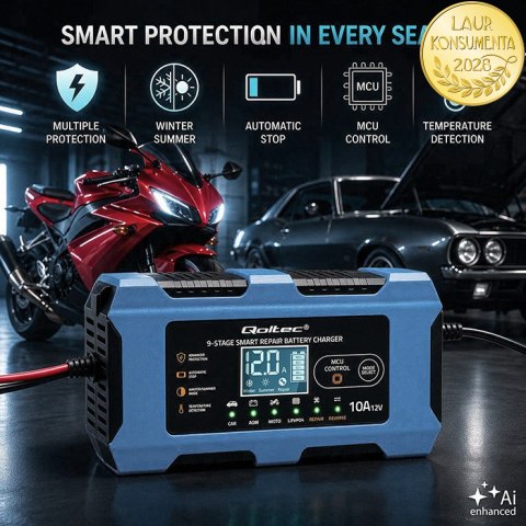 Qoltec Inteligentna ładowarka 12V 10A | Prostownik z funkcją naprawy | MCU | Auto OFF | 9-stopniowe ładowanie | AGM GEL LiFePO4