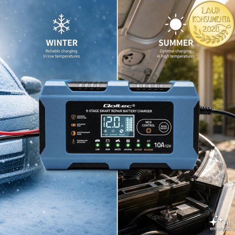 Qoltec Inteligentna ładowarka 12V 10A | Prostownik z funkcją naprawy | MCU | Auto OFF | 9-stopniowe ładowanie | AGM GEL LiFePO4