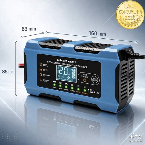 Qoltec Inteligentna ładowarka 12V 10A | Prostownik z funkcją naprawy | MCU | Auto OFF | 9-stopniowe ładowanie | AGM GEL LiFePO4