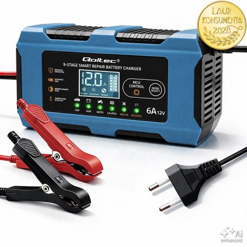 Qoltec Inteligentna ładowarka 12V 6A | Prostownik z funkcją naprawy | MCU | Auto OFF | 9-stopniowe ładowanie | AGM GEL LiFePO4