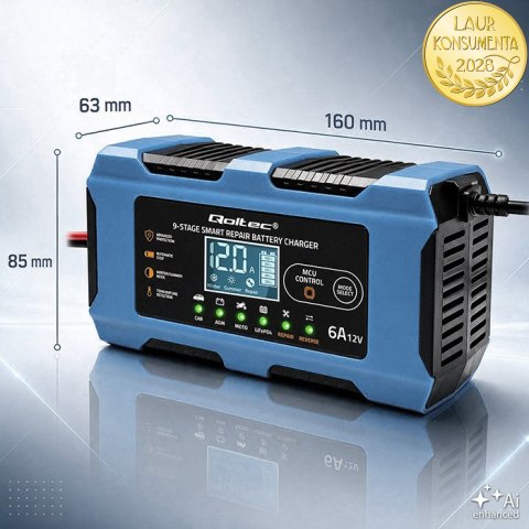 Qoltec Inteligentna ładowarka 12V 6A | Prostownik z funkcją naprawy | MCU | Auto OFF | 9-stopniowe ładowanie | AGM GEL LiFePO4