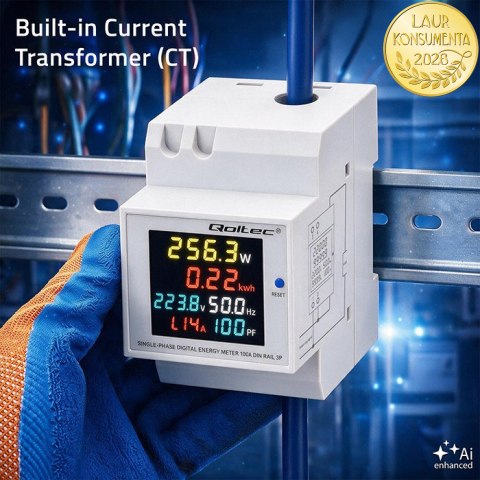 Qoltec Jednofazowy licznik 6w1| miernik zużycia energii na szynę DIN | 230V | 100A | LCD | CT | 3P