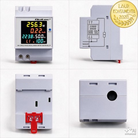 Qoltec Jednofazowy licznik 6w1| miernik zużycia energii na szynę DIN | 230V | 100A | LCD | CT | 3P