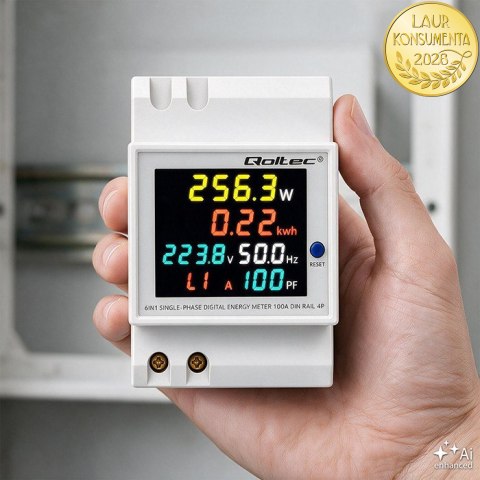 Qoltec Jednofazowy licznik 6w1| miernik zużycia energii na szynę DIN | 230V | 100A | LCD | CT | 3P