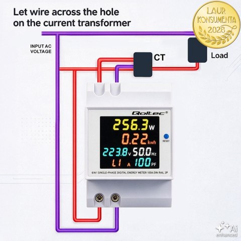 Qoltec Jednofazowy licznik 6w1| miernik zużycia energii na szynę DIN | 230V | 100A | LCD | CT | 3P
