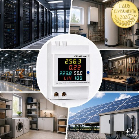 Qoltec Jednofazowy licznik 6w1| miernik zużycia energii na szynę DIN | 230V | 100A | LCD | CT | 3P