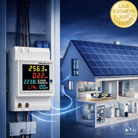 Qoltec Jednofazowy licznik 6w1| miernik zużycia energii na szynę DIN | 230V | 100A | LCD | CT | 3P