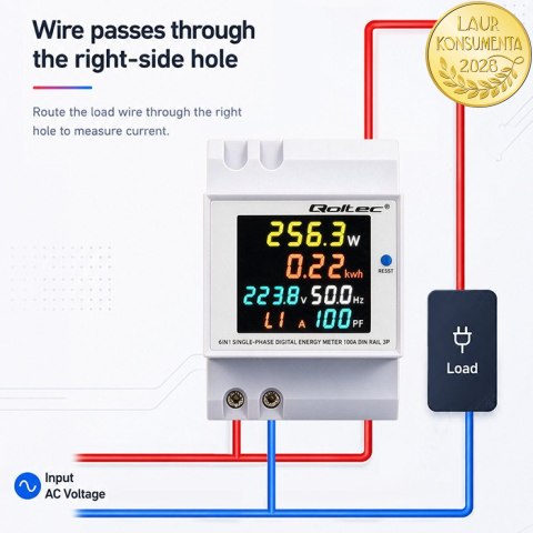 Qoltec Jednofazowy licznik 6w1| miernik zużycia energii na szynę DIN | 230V | 100A | LCD | CT | 3P