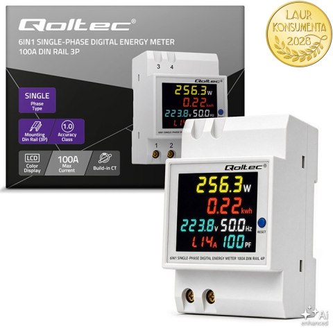Qoltec Jednofazowy licznik 6w1| miernik zużycia energii na szynę DIN | 230V | 100A | LCD | CT | 3P