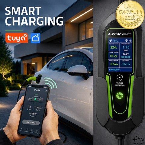 Qoltec Ładowarka do samochodu elektrycznego EV i hybryd z regulacją 2w1 Typ2 | 3.5kW | 230V | SCHUKO 16A | Wi-Fi | Tuya | Smart 