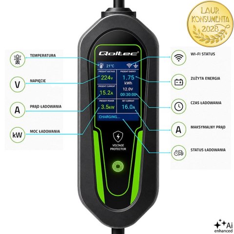 Qoltec Ładowarka do samochodu elektrycznego EV i hybryd z regulacją 2w1 Typ2 | 3.5kW | 230V | SCHUKO 16A | Wi-Fi | Tuya | Smart 