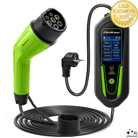 Qoltec Ładowarka do samochodu elektrycznego EV i hybryd z regulacją 2w1 Typ2 | 3.5kW | 230V | SCHUKO 16A | Wi-Fi | Tuya | Smart 