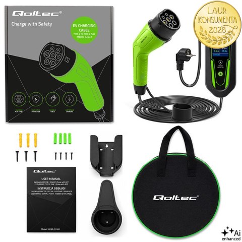 Qoltec Ładowarka do samochodu elektrycznego EV i hybryd z regulacją 2w1 Typ2 | 3.5kW | 230V | SCHUKO 16A | Wi-Fi | Tuya | Smart 