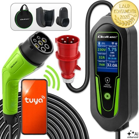 Qoltec Ładowarka do samochodu elektrycznego EV i hybryd z regulacją 2w1 Typ2 | 7kW | 230V | CEE 32A | Wi-Fi | Tuya | Smart life 
