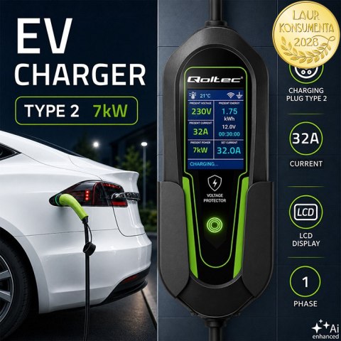 Qoltec Ładowarka do samochodu elektrycznego EV i hybryd z regulacją 2w1 Typ2 | 7kW | 230V | CEE 32A | Wi-Fi | Tuya | Smart life 