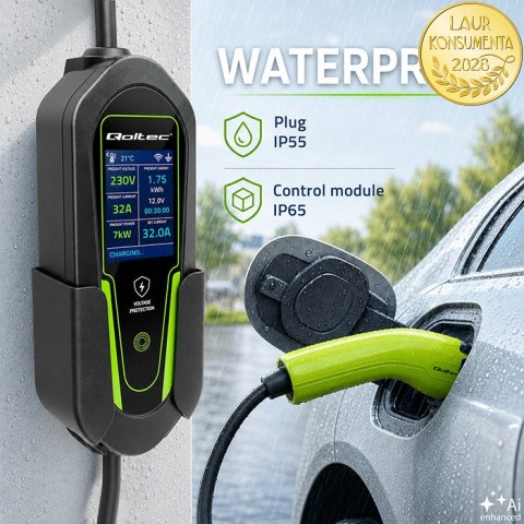 Qoltec Ładowarka do samochodu elektrycznego EV i hybryd z regulacją 2w1 Typ2 | 7kW | 230V | CEE 32A | Wi-Fi | Tuya | Smart life 