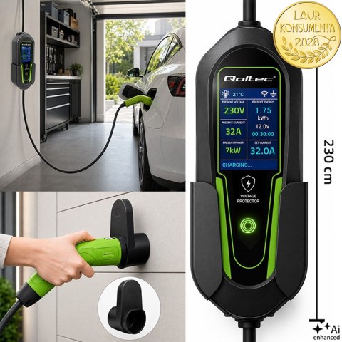 Qoltec Ładowarka do samochodu elektrycznego EV i hybryd z regulacją 2w1 Typ2 | 7kW | 230V | CEE 32A | Wi-Fi | Tuya | Smart life 
