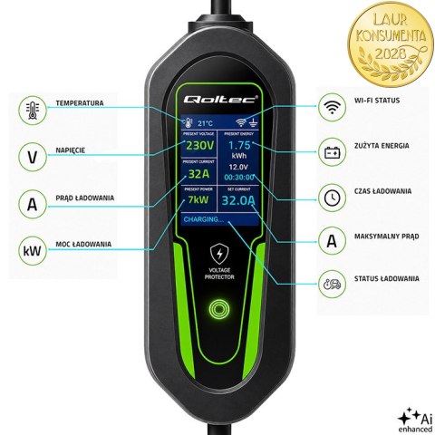 Qoltec Ładowarka do samochodu elektrycznego EV i hybryd z regulacją 2w1 Typ2 | 7kW | 230V | CEE 32A | Wi-Fi | Tuya | Smart life 