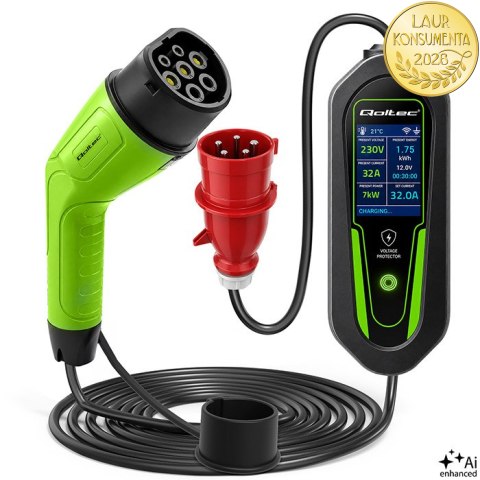 Qoltec Ładowarka do samochodu elektrycznego EV i hybryd z regulacją 2w1 Typ2 | 7kW | 230V | CEE 32A | Wi-Fi | Tuya | Smart life 