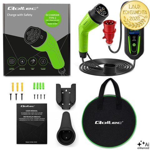 Qoltec Ładowarka do samochodu elektrycznego EV i hybryd z regulacją 2w1 Typ2 | 7kW | 230V | CEE 32A | Wi-Fi | Tuya | Smart life 