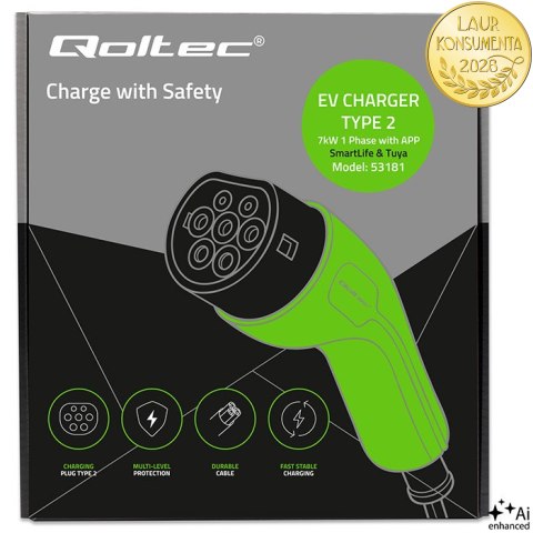 Qoltec Ładowarka do samochodu elektrycznego EV i hybryd z regulacją 2w1 Typ2 | 7kW | 230V | CEE 32A | Wi-Fi | Tuya | Smart life 