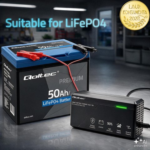 Qoltec Specjalistyczna ładowarka do akumulatora LiFePO4 12V | 10A | PF 0.9 | LED | Inteligentne ładowanie
