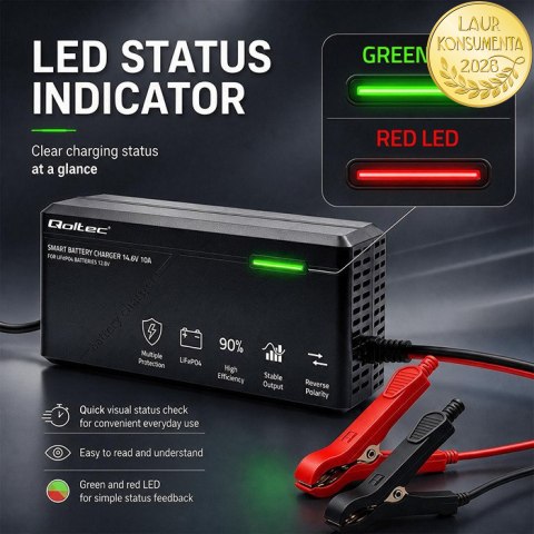 Qoltec Specjalistyczna ładowarka do akumulatora LiFePO4 12V | 10A | PF 0.9 | LED | Inteligentne ładowanie